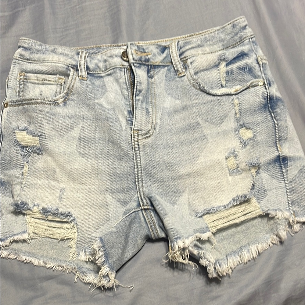 Blue Distressed Jean Shorts with Raw Hem